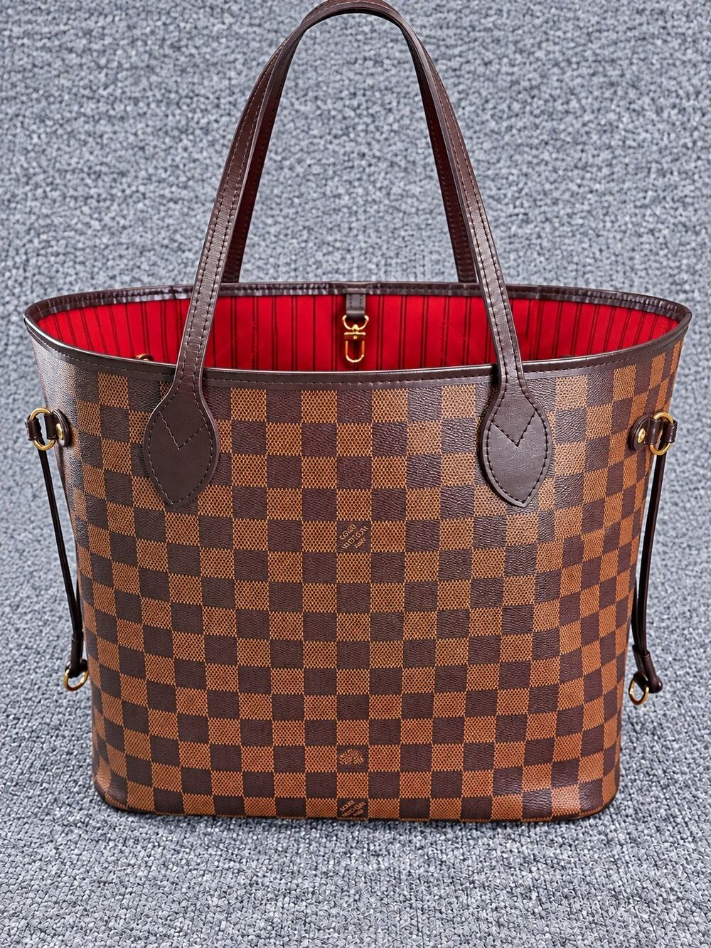 Louis Vuitton Neverfull MM Damier Ebene Red Interior Tote Shoulder Bag